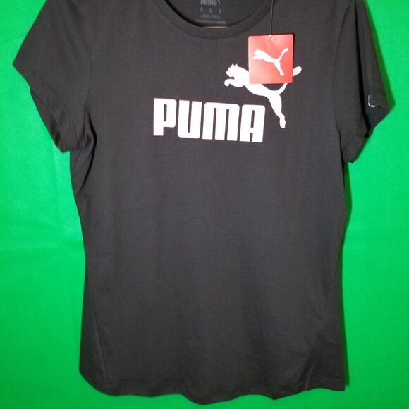 PUMA Women's Short Sleeve Athletic Top Black With Pink Logo Size Medium NWT - Picture 2 of 10